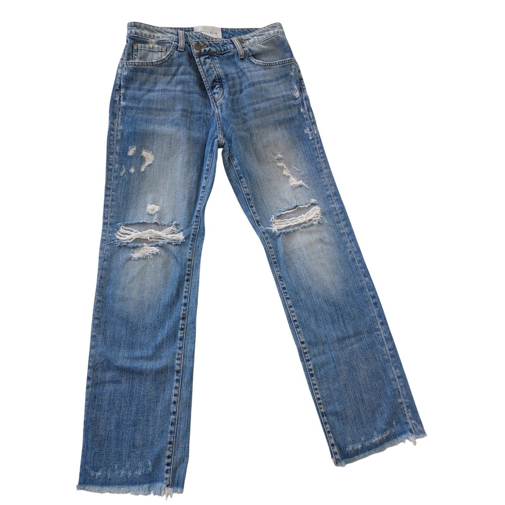 HYPEACH Distressed Boyfriend Jeans Blue Wash Straight Leg Frayed Hem 26/2x27